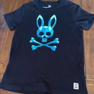 Psycho Bunny Black Tee with Blue Skull Design